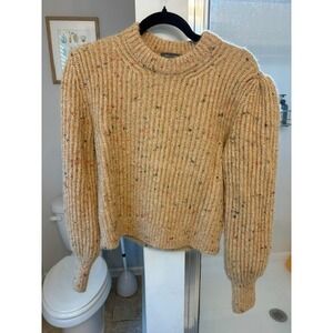 French Connection Womens Confetti Speckled Puff Sleeve Knit Sweater Tan Large